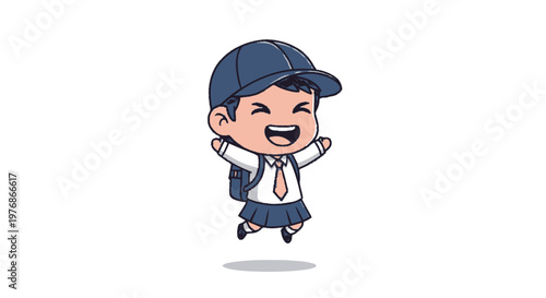 Joyful Schoolgirl in Uniform Jumping with Excitement and Happiness.