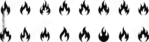 Fire flame icon set featuring various blaze shapes in black silhouette style for heat energy warning symbols vector collection isolated background