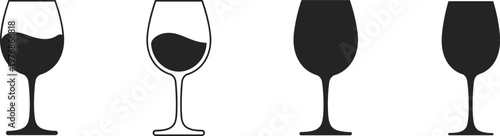 Set of wine glass silhouettes and line icons featuring full and empty glasses for restaurant menus bar branding wine tasting events and celebration designs.