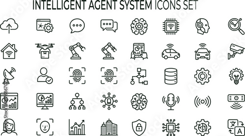 Intelligent agent system outline vector icon set for artificial intelligence automation robotics dashboards analytics interfaces smart technology workflow applications