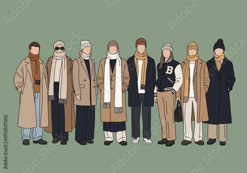 Minimalist Illustration of a Group of People Wearing Stylish Winter and Autumn Fashion Outfits