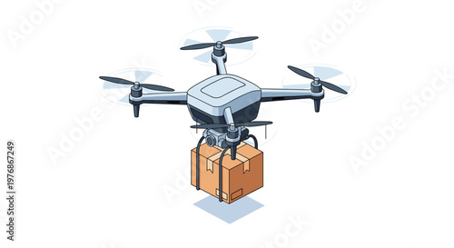 High tech autonomous delivery drone quadcopter carrying a brown cardboard box package over a clean white background for logistics concept.