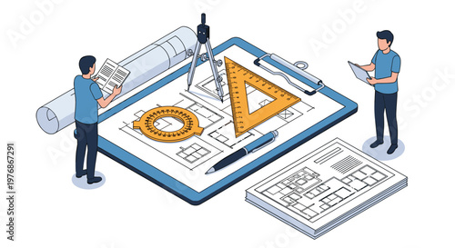 Group of professional architects and engineers working on a detailed blueprint construction plan using various drafting tools and a compass.