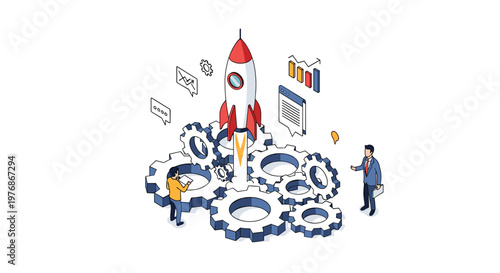 Business startup concept showing a red and white rocket launching from a mechanism of gears with two business men watching the progress.
