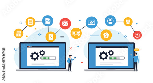 Web development and data synchronization concept with two laptops showing gears and progress bars connected by various cloud service icons.