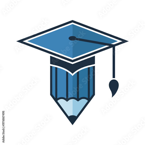Blue graduation cap on a pencil symbolizing education, learning, and creative academic achievement.