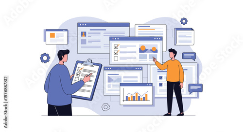 Online survey and data collection concept with two researchers checking off boxes on multiple floating web browser windows and a clipboard.