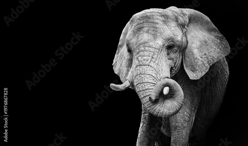 Photography African elephant isolated on black background with copy space minimalist wildlif