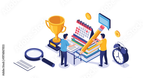 Academic success and student learning concept with two pupils at a desk with books and a calendar next to a large gold trophy and alarm clock.