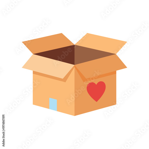 Cardboard box with red heart symbol and blue tape element donation humanitarian aid shipping delivery package vector illustration.