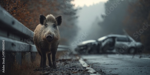 Wild boar near road barrier after car accident