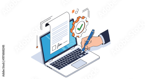Digital signature and electronic contract concept with a hand using a pen to sign a document on a laptop screen with a gear and checkmark icon.
