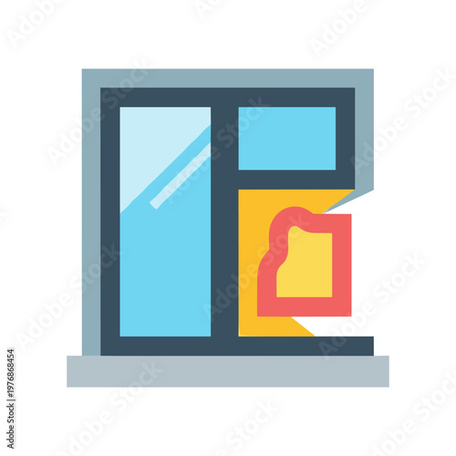 Window frame with broken glass pane and yellow light glowing from inside office or home building exterior showing architectural damage and renovation needs in flat style illustration with shadows.