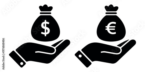 Hands holding dollar and euro money bags vector illustration representing finance concepts savings investment and wealth management