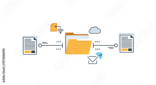 File synchronization and data transfer concept with a central yellow folder connected to multiple documents and cloud storage symbols for sharing.