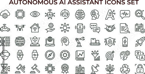 Autonomous AI assistant outline vector icon set for smart technology automation dashboards robotics analytics interfaces and digital workflow applications