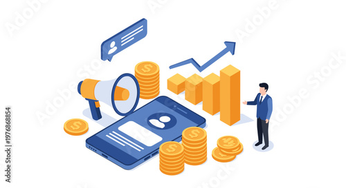 Digital marketing and mobile app growth concept with a smartphone surrounded by golden coins and a megaphone and a rising financial bar chart.