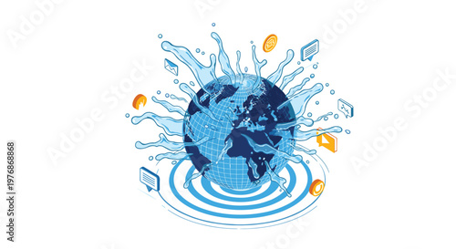 Worldwide connectivity and digital communication concept with a blue globe featuring water splashes and various floating internet service icons.