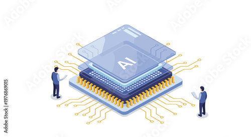 Artificial intelligence and advanced microprocessor technology concept with two people inspecting a computer chip with the ai label on the top.