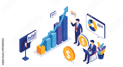 Professional team of business analysts reviewing financial growth on a rising bar chart and a screen with a pie chart during a office meeting.
