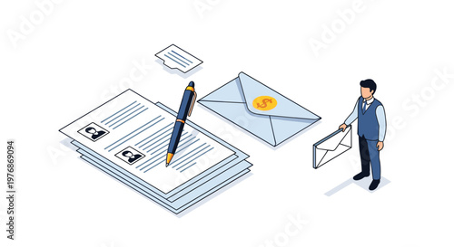 Businessman handling professional documents and envelopes in an isometric design representing office work and communication.
