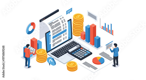 Financial data analysis and accounting services shown through professional charts, currency stacks, and a laptop interface.