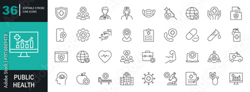 Public health icon set. Containing healthcare, doctors, hospitals, medical services, vaccines, hygiene, healthy lifestyle, health awareness, and more. Editable line icons. Vector illustration.