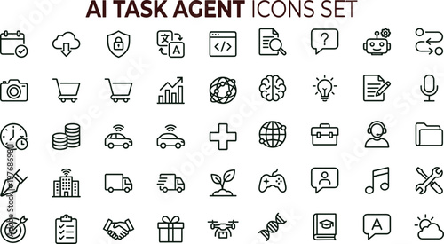AI task agent outline vector icon set for automation workflow interfaces applications dashboards productivity tools and digital services