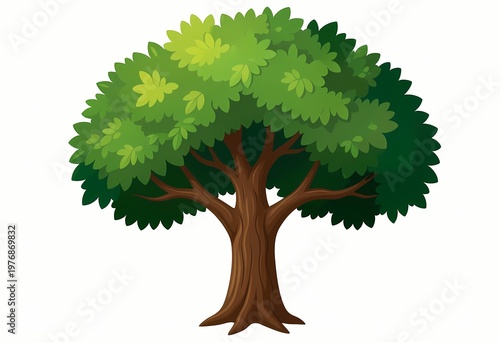 a lush green leafy tree with a dense rounded canopy and strong textured trunk standing isolated on a clean white background representing nature growth and serenity