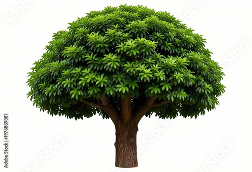 a lush green leafy tree with a dense rounded canopy and strong textured trunk standing isolated on a clean white background representing nature growth and serenity