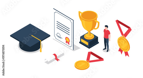 Academic achievements and career milestones showcased with a graduation cap, diploma, and gold victory awards.