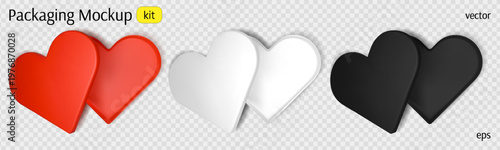 Heart box top view mockup. White and black Valentine gift package empty inside. Realistic present packaging for food, snack, or jewelry. Red paper packaging 3d above mock up on transparent background