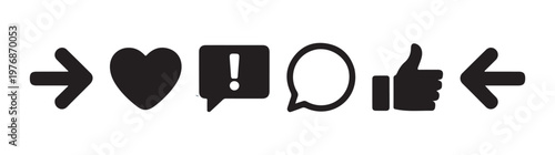 Social media reaction icons featuring arrows heart comment bubble exclamation mark and thumbs up sign vector.