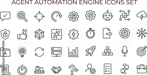 Agent automation engine outline vector icon set for workflow technology interfaces dashboards artificial intelligence systems and digital business management