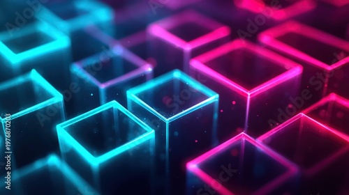 Abstract glowing neon cubes arranged in a grid with a dark background and bokeh effect