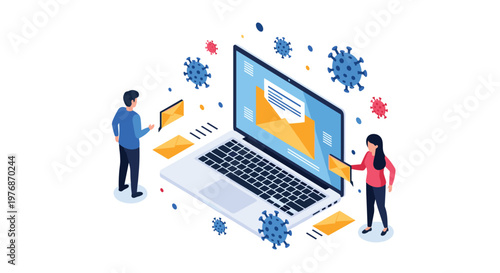 Cybersecurity threat awareness and phishing email prevention featuring a laptop being attacked by digital viral infections.