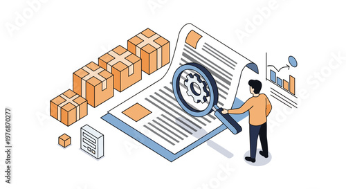 Logistics management and package tracking inspection represented by a professional reviewing documents with a magnifier.