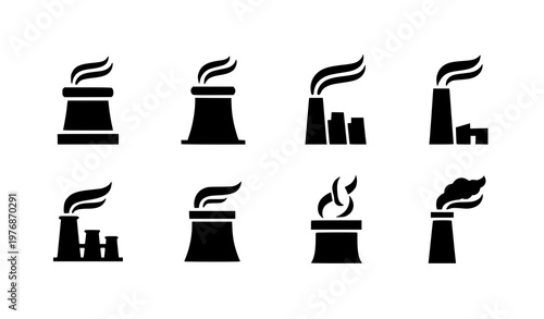 Chimney smoke icon collection vector fireplace and factory stack silhouette isolated on white background