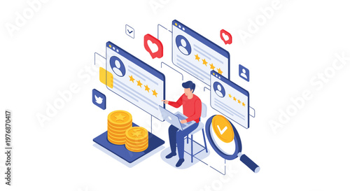 Digital marketing success and online reputation management shown with positive user ratings and financial rewards.