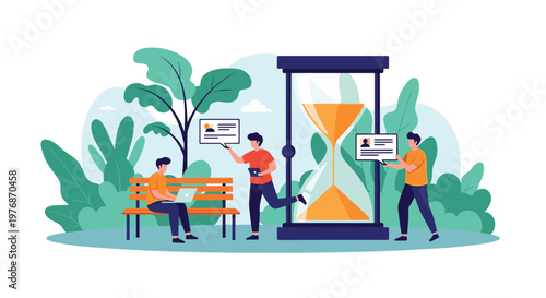 Time management and project deadline awareness represented by workers collaborating near a large sand hourglass.
