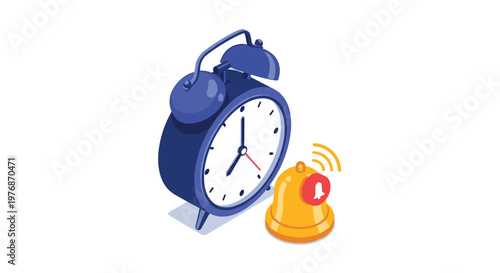 Time alert and reminder concept featuring a large analog alarm clock and a small golden bell with notification icons.