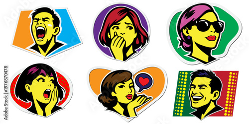 Pop art facial expressions and human emotions sticker set. Comic book style vector avatars, isolated.