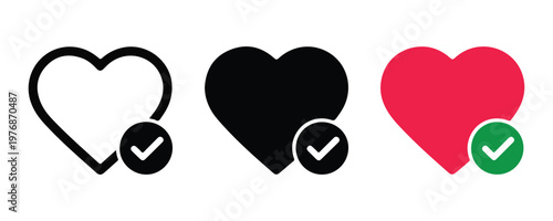 Set of three heart icons with checkmark badges showing healthy life and successful donation in various styles.