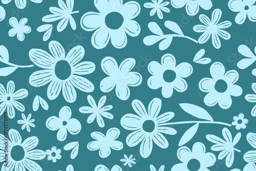 Seamless pattern of light blue floral silhouettes on a teal background, creating a fresh, modern, and stylish botanical design perfect for wallpaper and fabric.
