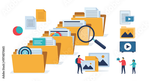 Extensive database search and document archival organization shown through a row of file folders and investigators.