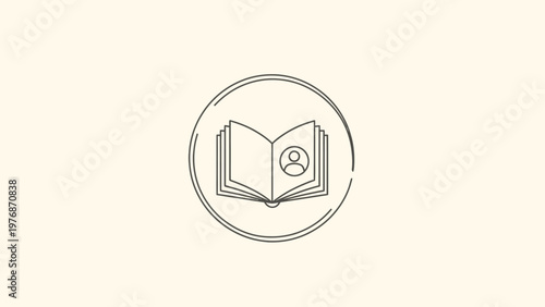 Simple Line Drawing of Open Book with Human Icon Inside Circle.