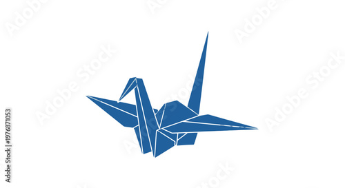 Blue Origami Crane on White Background.