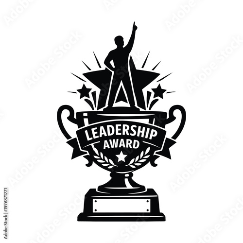 Leadership award trophy silhouette with a triumphant figure and stars for recognition of excellence.