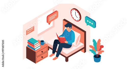 Education and lifelong learning concept showing a person reading a book in a bedroom with time and chat icons.
