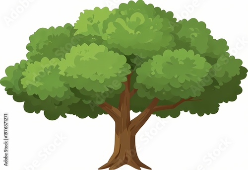 a lush green leafy tree with a dense rounded canopy and strong textured trunk standing isolated on a clean white background representing nature growth and serenity